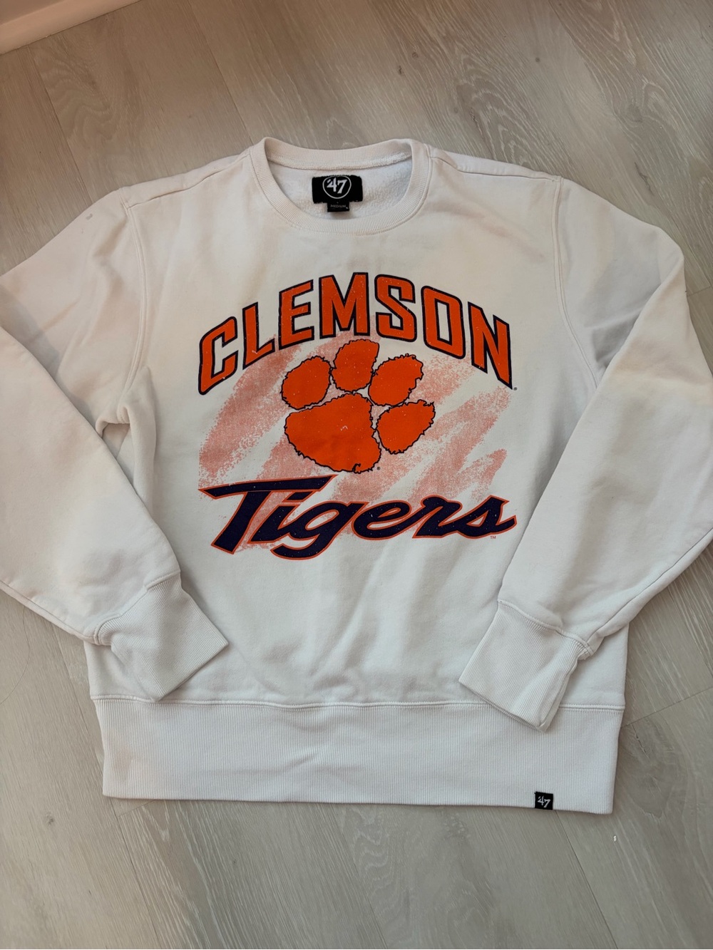 47 White Clemson Tigers Crewneck Sweatshirt with Orange Paw and Navy Script